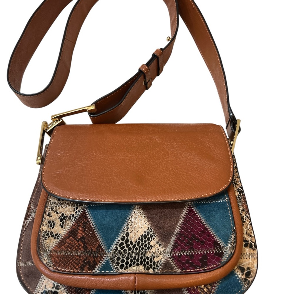 Sam Edelman Genuine Leather Patchwork Boho Crossbody Purse Brown Gold Hardware - Picture 8 of 15